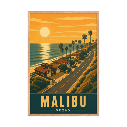Framed Malibu palm-lined sunset coastal road poster with 90265 zip code