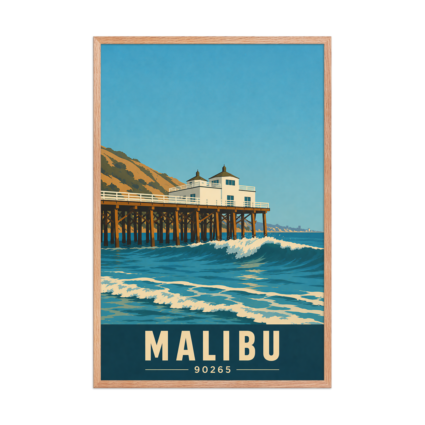 Framed Malibu oceanfront pier and waves poster with 90265 zip code