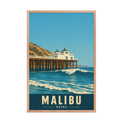 Framed Malibu oceanfront pier and waves poster with 90265 zip code