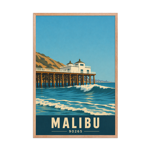 Framed Malibu oceanfront pier and waves poster with 90265 zip code