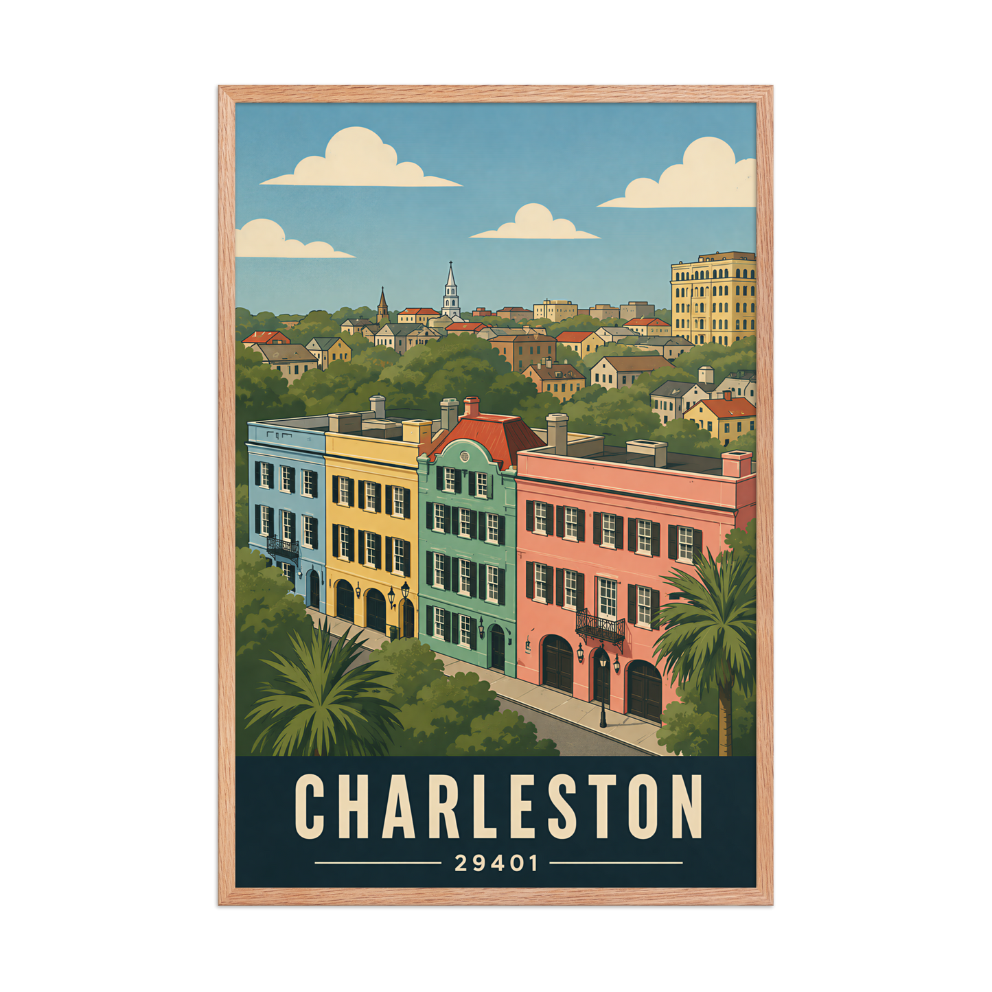 Framed Rainbow Row Charleston historic homes poster with 29401 zip code