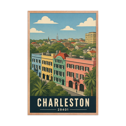 Framed Rainbow Row Charleston historic homes poster with 29401 zip code