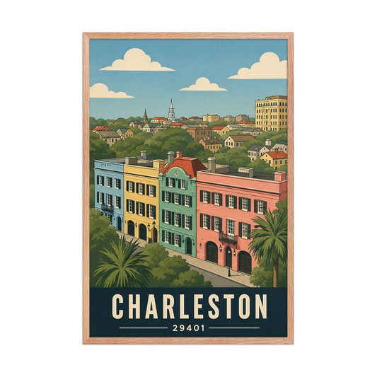 Framed Rainbow Row Charleston historic homes poster with 29401 zip code