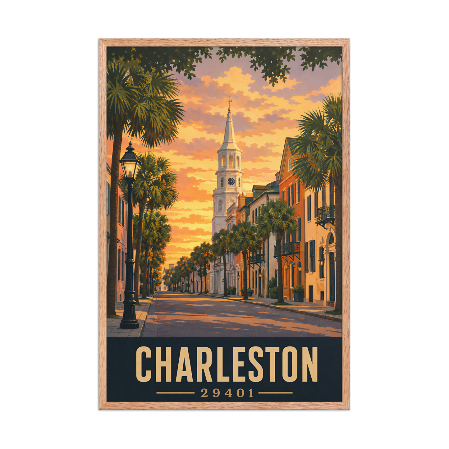 Framed Charleston church steeple sunset poster with 29401 zip code