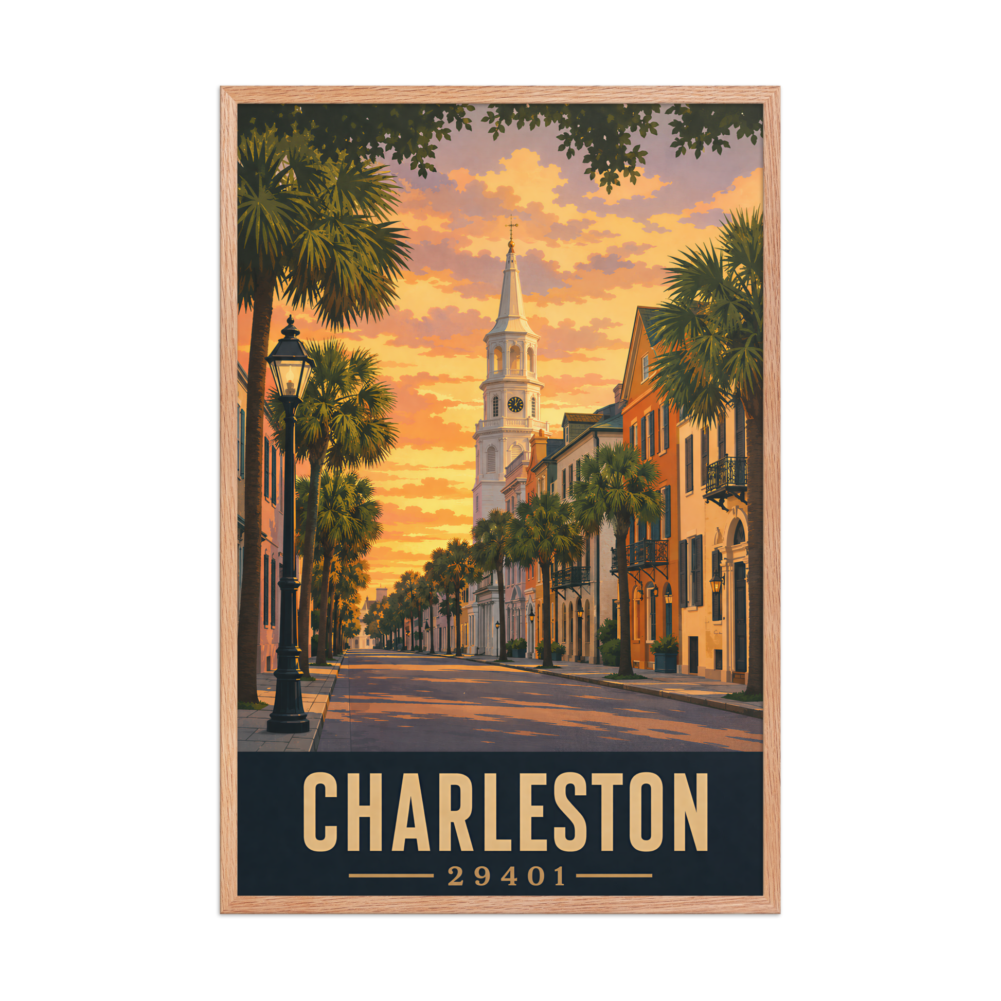 Framed Charleston church steeple sunset poster with 29401 zip code