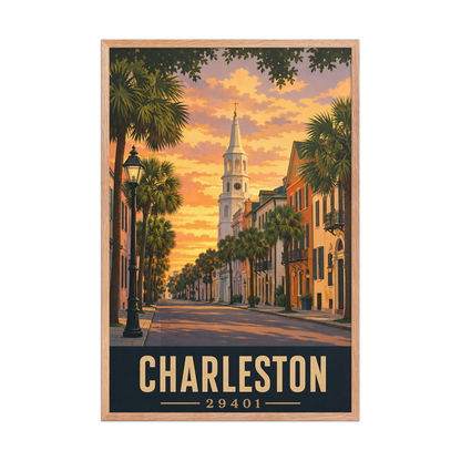 Framed Charleston church steeple sunset poster with 29401 zip code