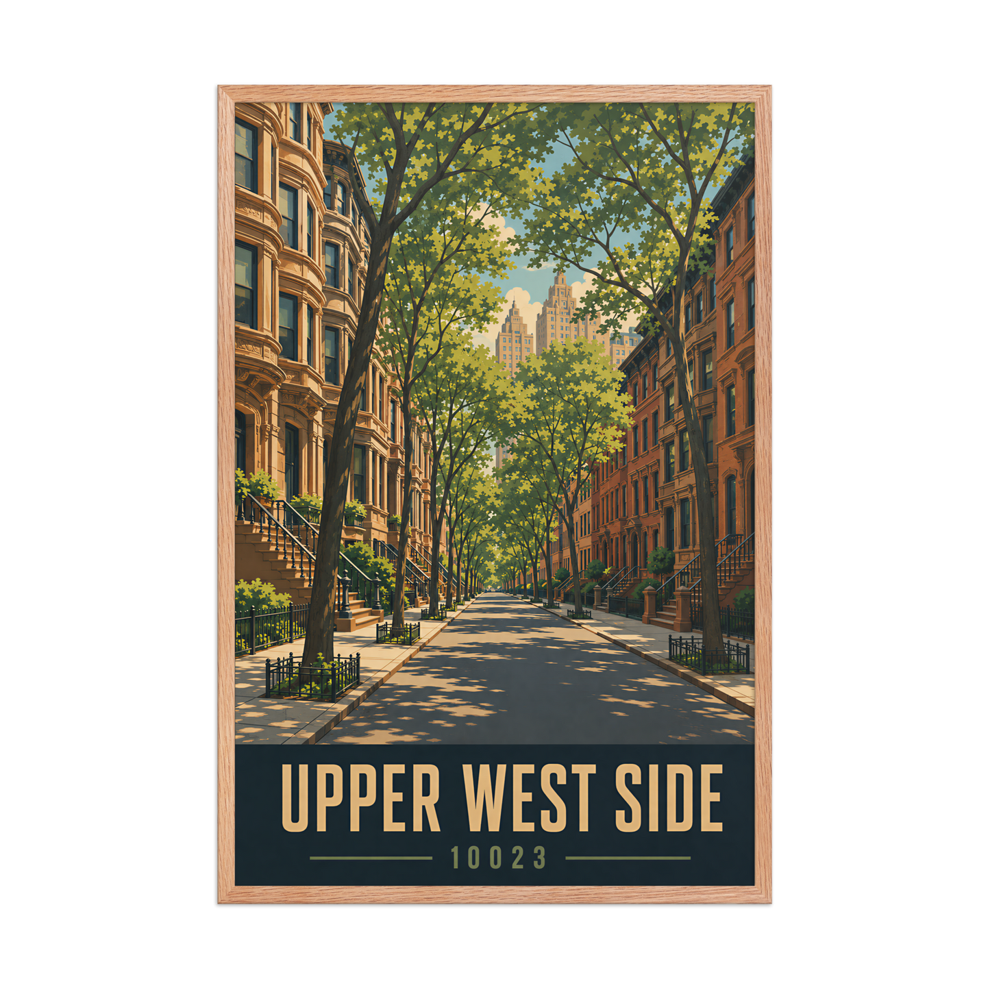 Framed Upper West Side brownstone street poster with 10023 zip code
