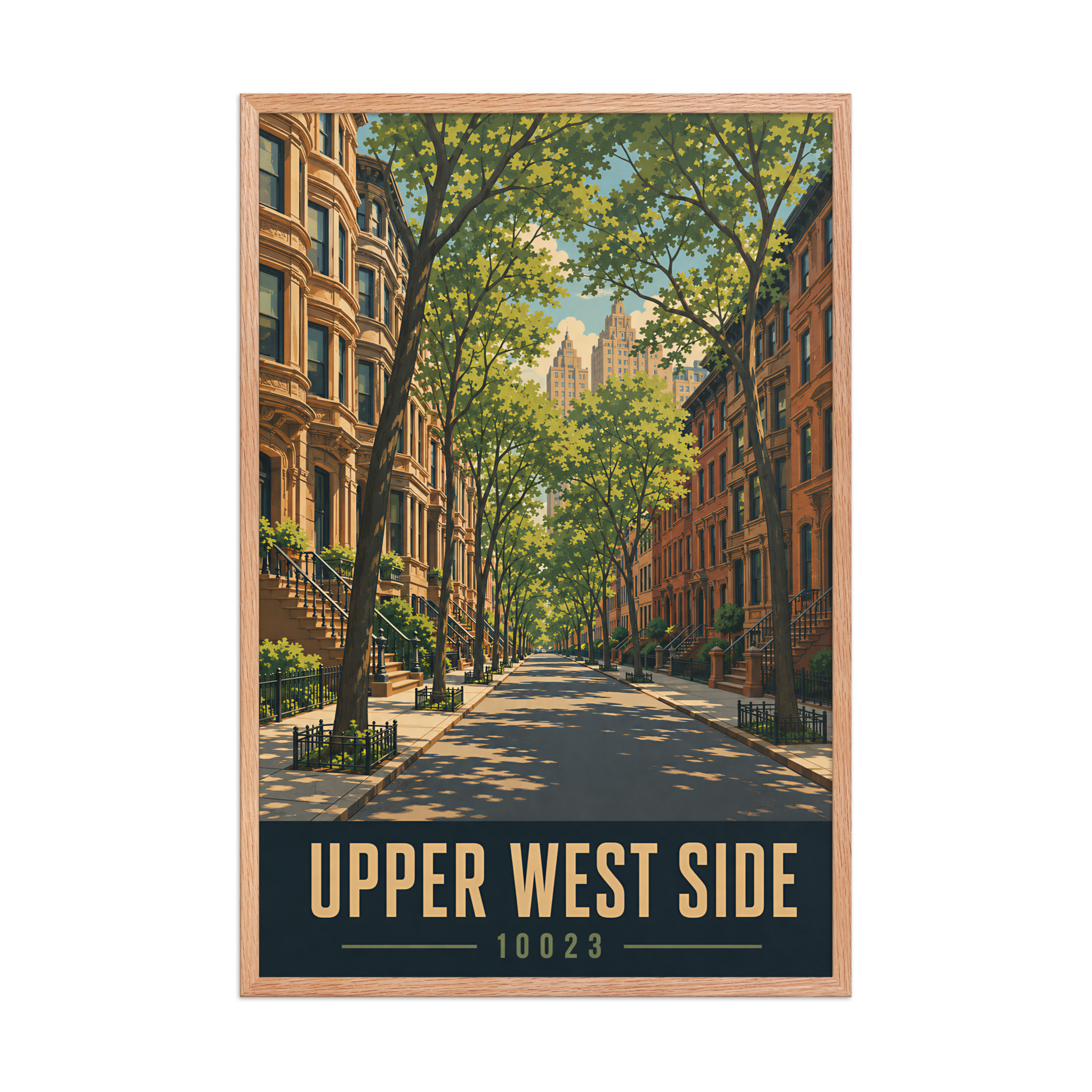 Framed Upper West Side brownstone street poster with 10023 zip code