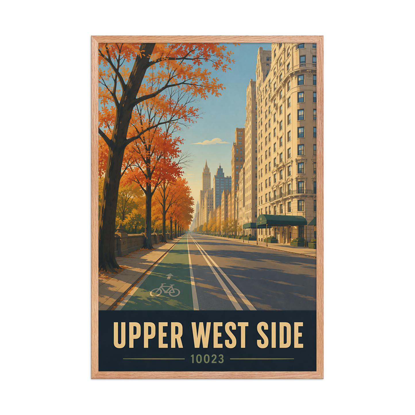 Framed Central Park West autumn poster with 10023 zip code