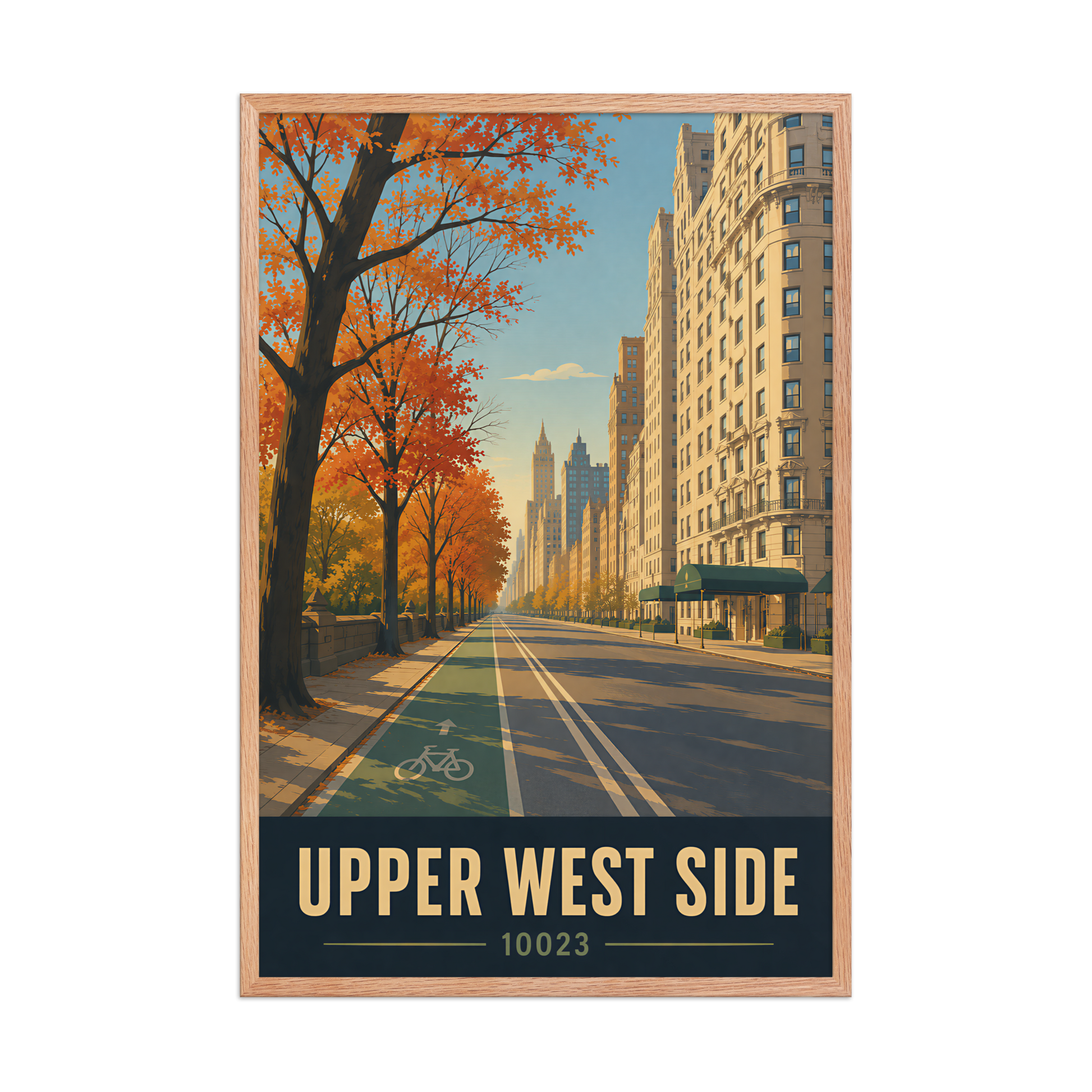 Framed Central Park West autumn poster with 10023 zip code