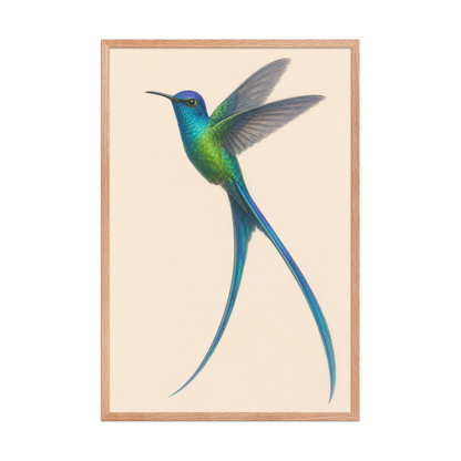 Framed Long-tailed Sylph hummingbird colored pencil illustration print, teal iridescent plumage on warm cream background, wood frame wall art