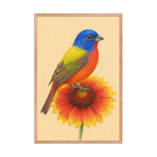 Framed Painted Bunting colored pencil illustration on Indian Blanket flower, wood frame wall art