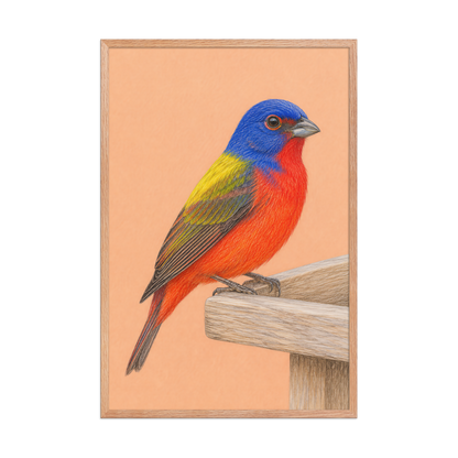 Framed Painted Bunting colored pencil illustration on wooden feeder, apricot background, wood frame wall art