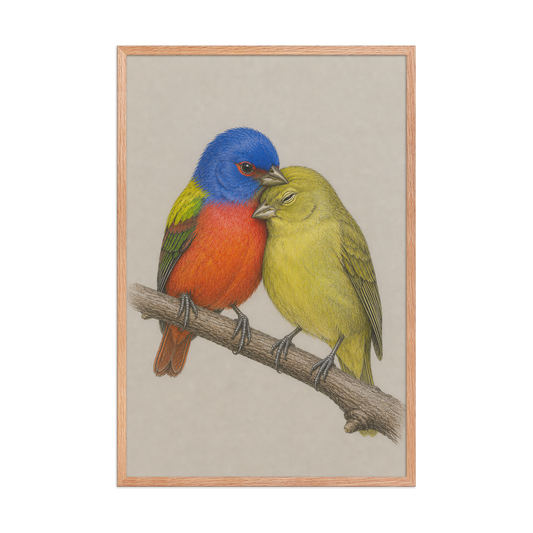 Framed male and female Painted Bunting pair colored pencil illustration, wood frame wall art