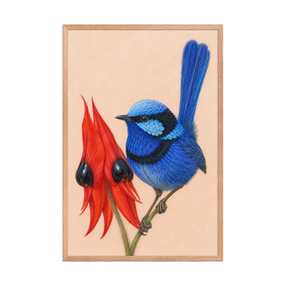 Framed Splendid Fairywren blue wren colored pencil illustration, terracotta background, wood frame wall art
