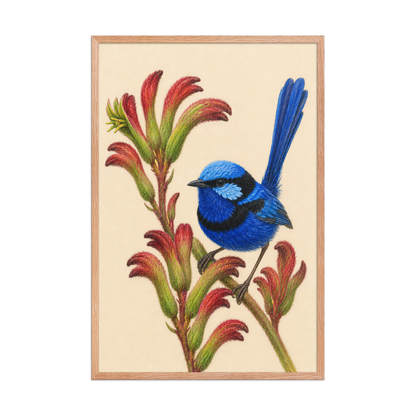 Framed Splendid Fairywren blue wren colored pencil illustration on Kangaroo Paw flowers, wood frame wall art