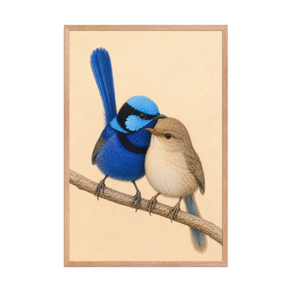 Framed male and female Splendid Fairywren blue wren pair colored pencil illustration, wood frame wall art