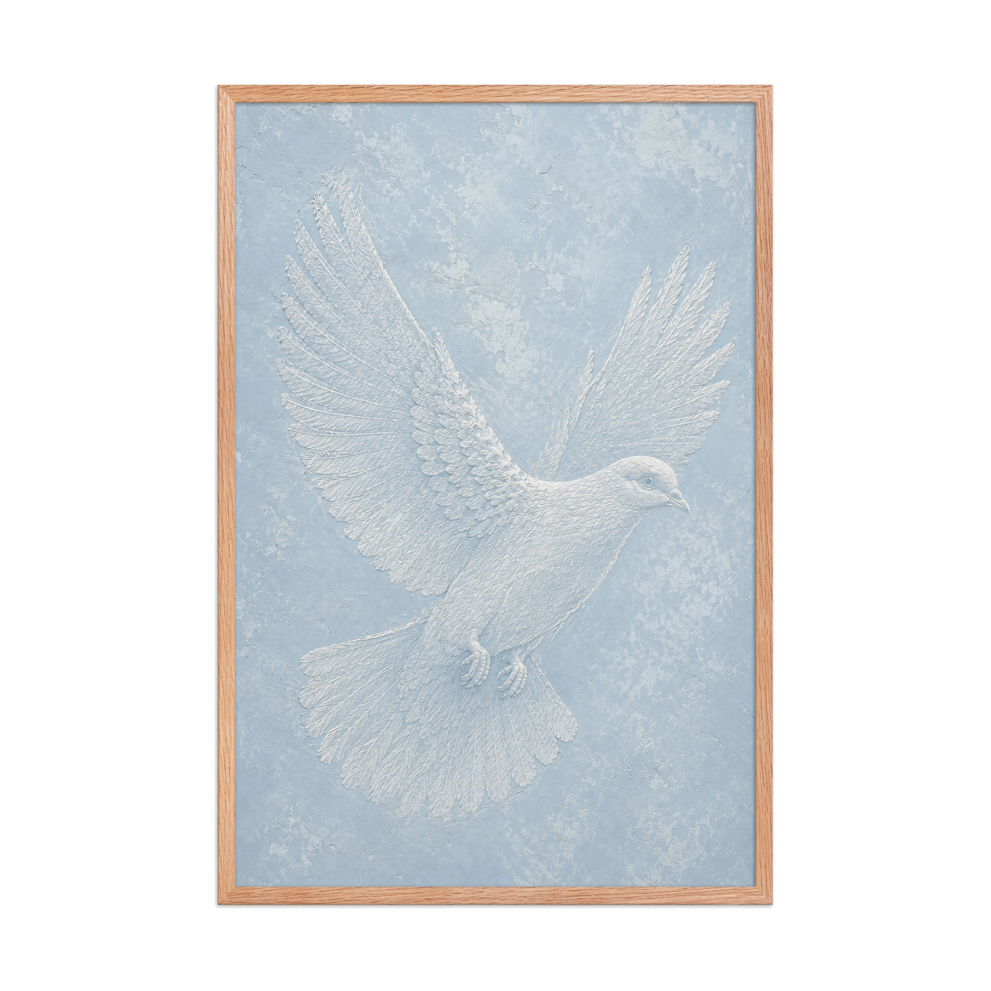 Framed peace dove print with embossed relief-look design on dusty blue textured background