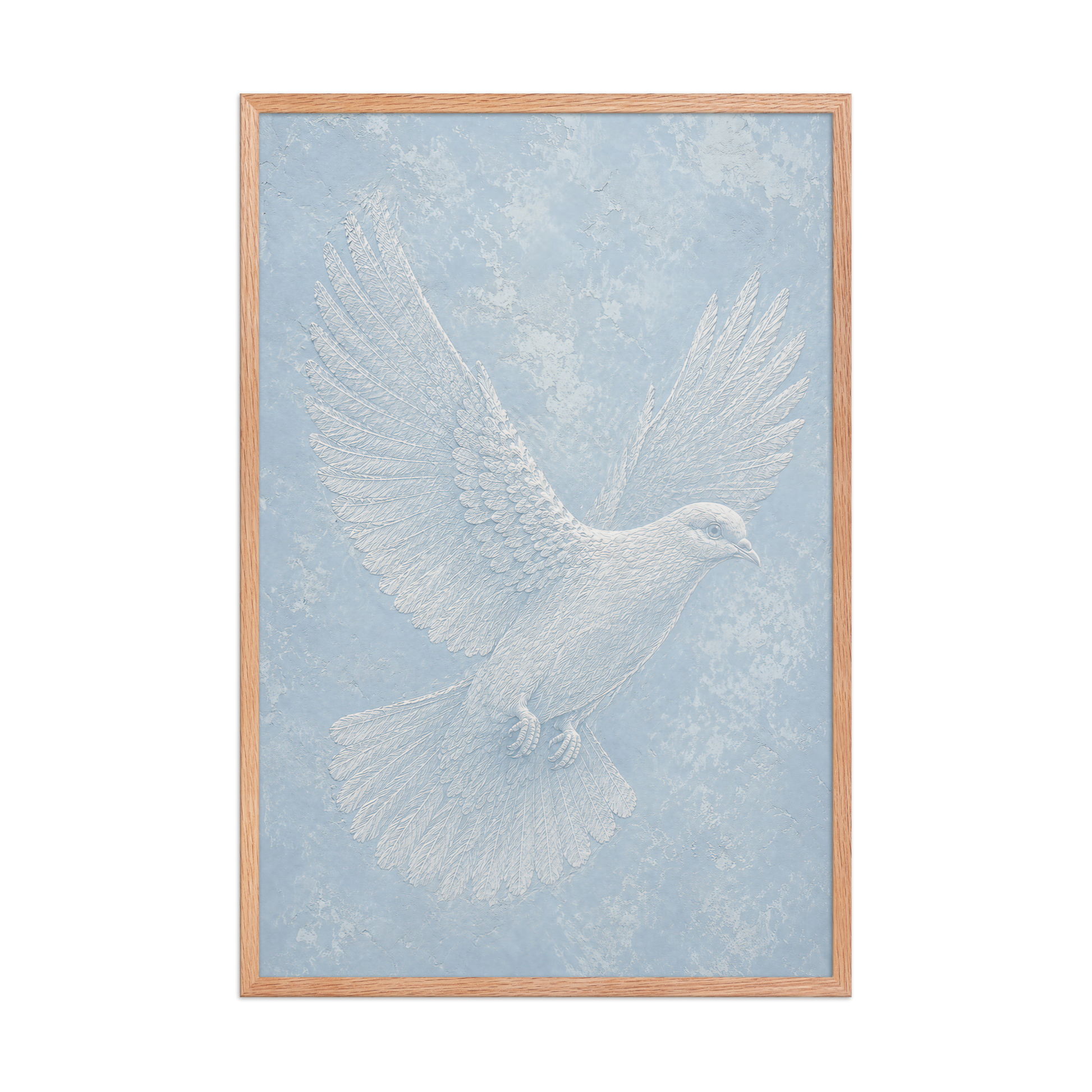 Framed peace dove print with embossed relief-look design on dusty blue textured background