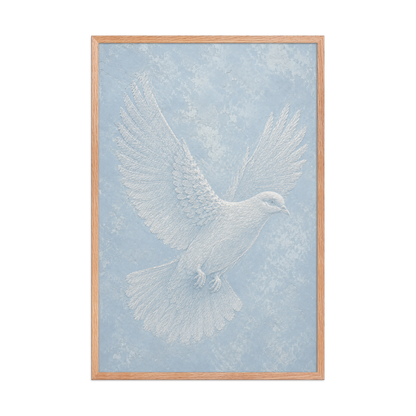 Framed peace dove print with embossed relief-look design on dusty blue textured background