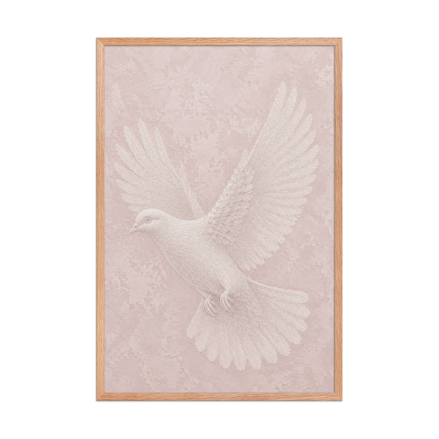 Framed peace dove print with embossed relief-look design on blush pink textured background