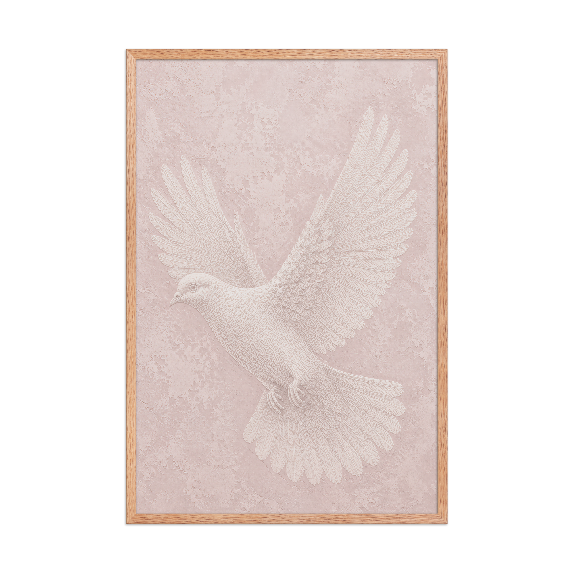 Framed peace dove print with embossed relief-look design on blush pink textured background