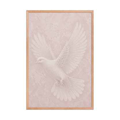 Framed peace dove print with embossed relief-look design on blush pink textured background