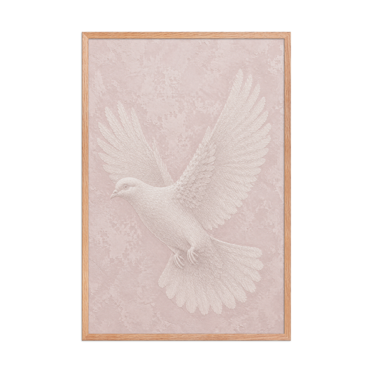 Framed peace dove print with embossed relief-look design on blush pink textured background