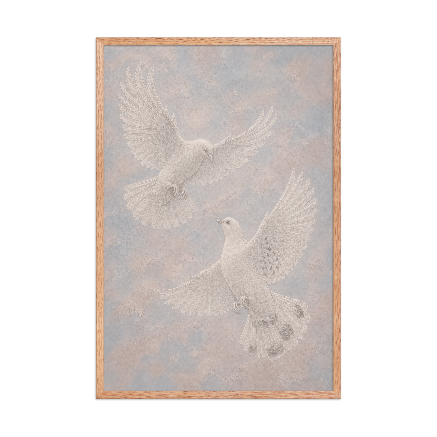 Framed two peace doves print with embossed relief-look design on dusty blue and blush textured background