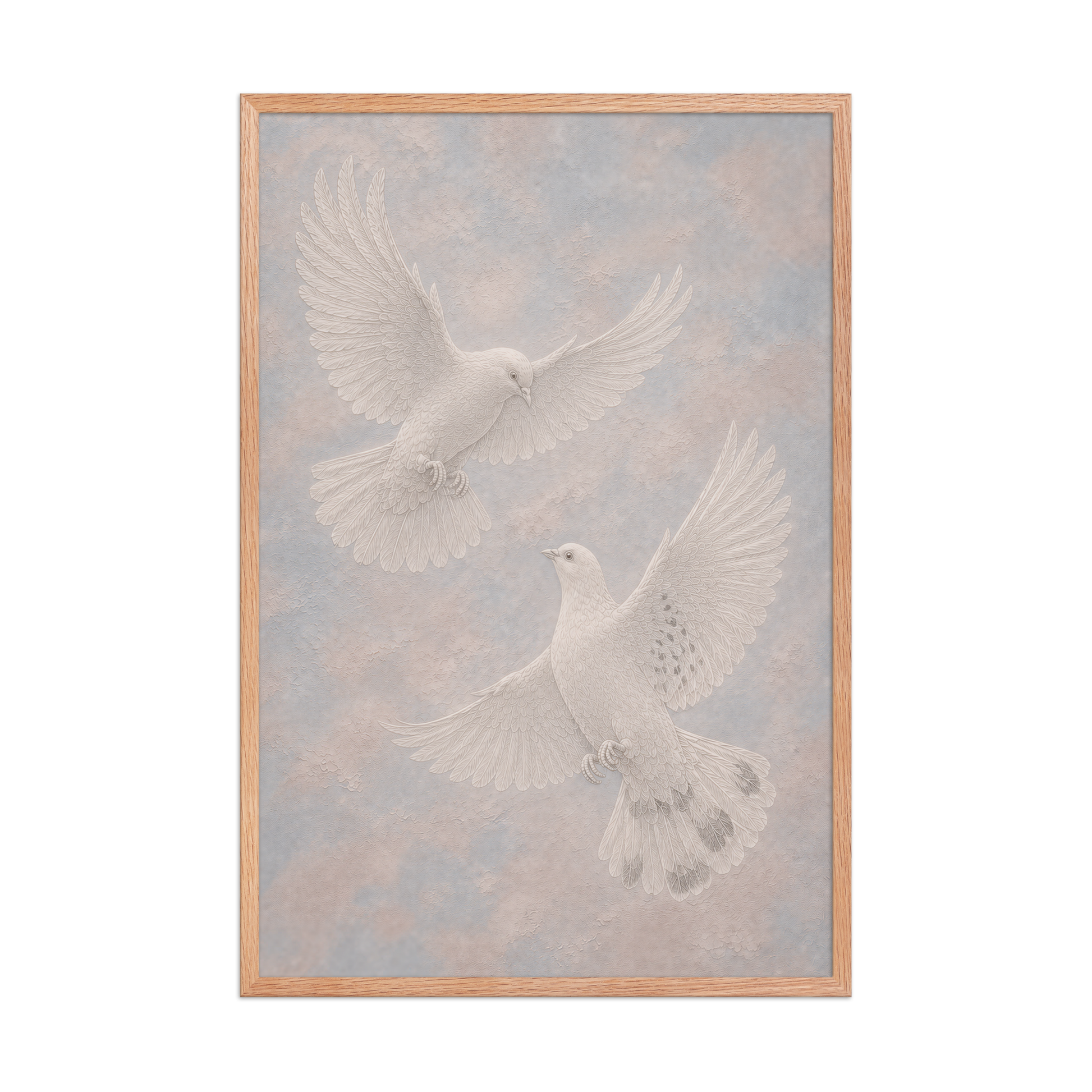 Framed two peace doves print with embossed relief-look design on dusty blue and blush textured background