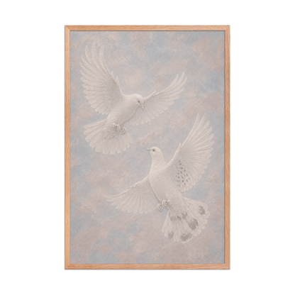 Framed two peace doves print with embossed relief-look design on dusty blue and blush textured background