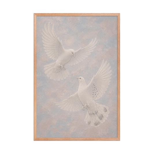 Framed two peace doves print with embossed relief-look design on dusty blue and blush textured background