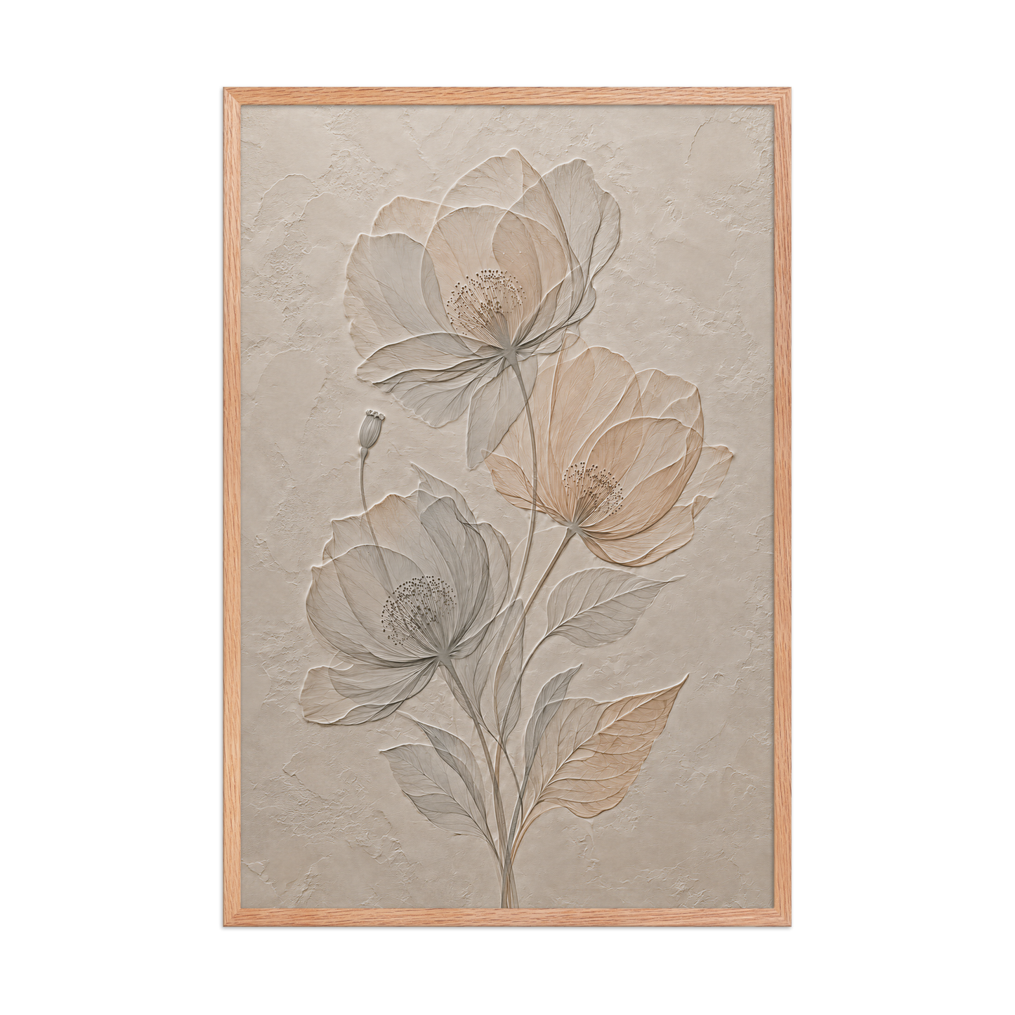 Framed wildflower bouquet print with embossed relief-look design on neutral beige textured background