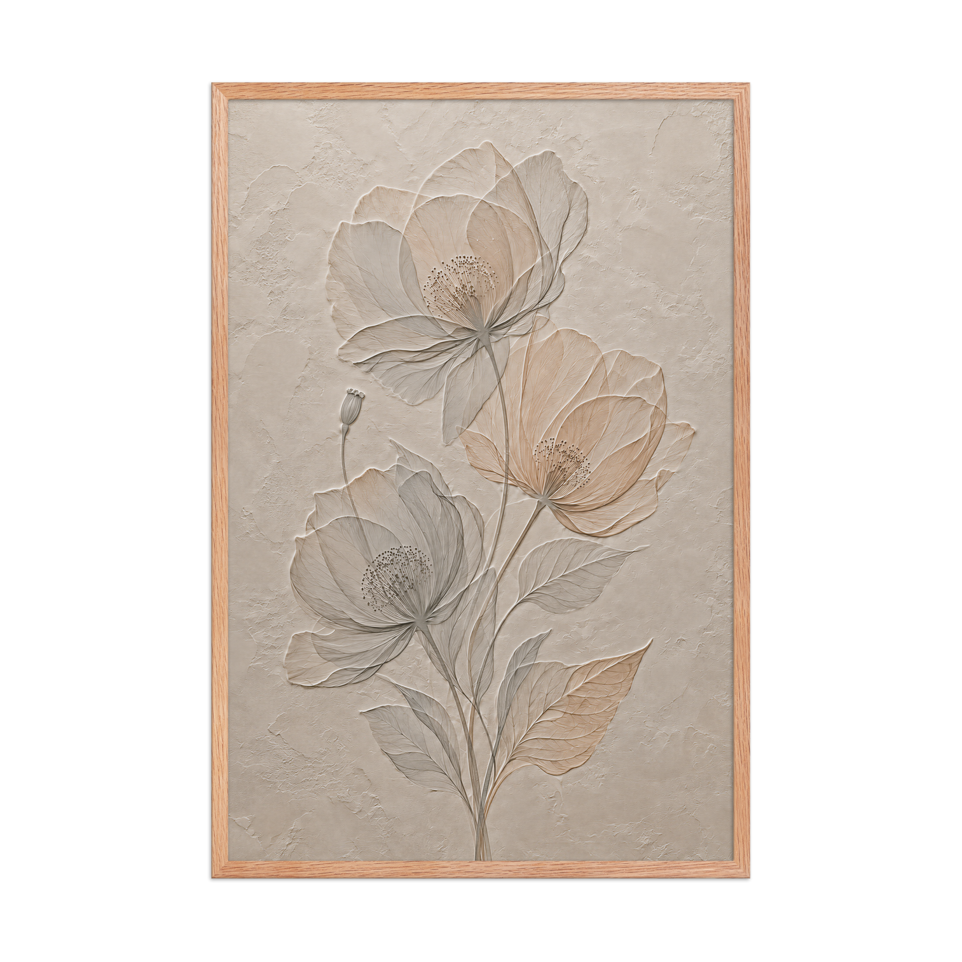 Framed wildflower bouquet print with embossed relief-look design on neutral beige textured background