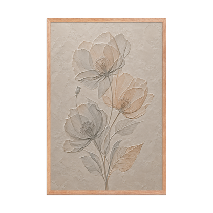 Framed wildflower bouquet print with embossed relief-look design on neutral beige textured background