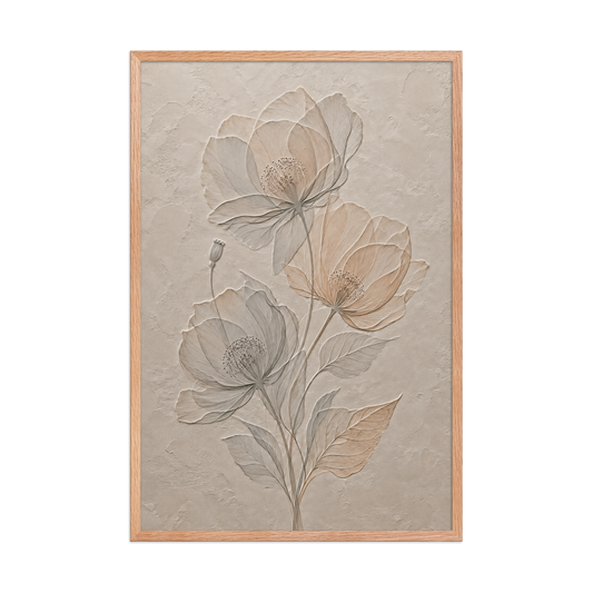 Framed wildflower bouquet print with embossed relief-look design on neutral beige textured background