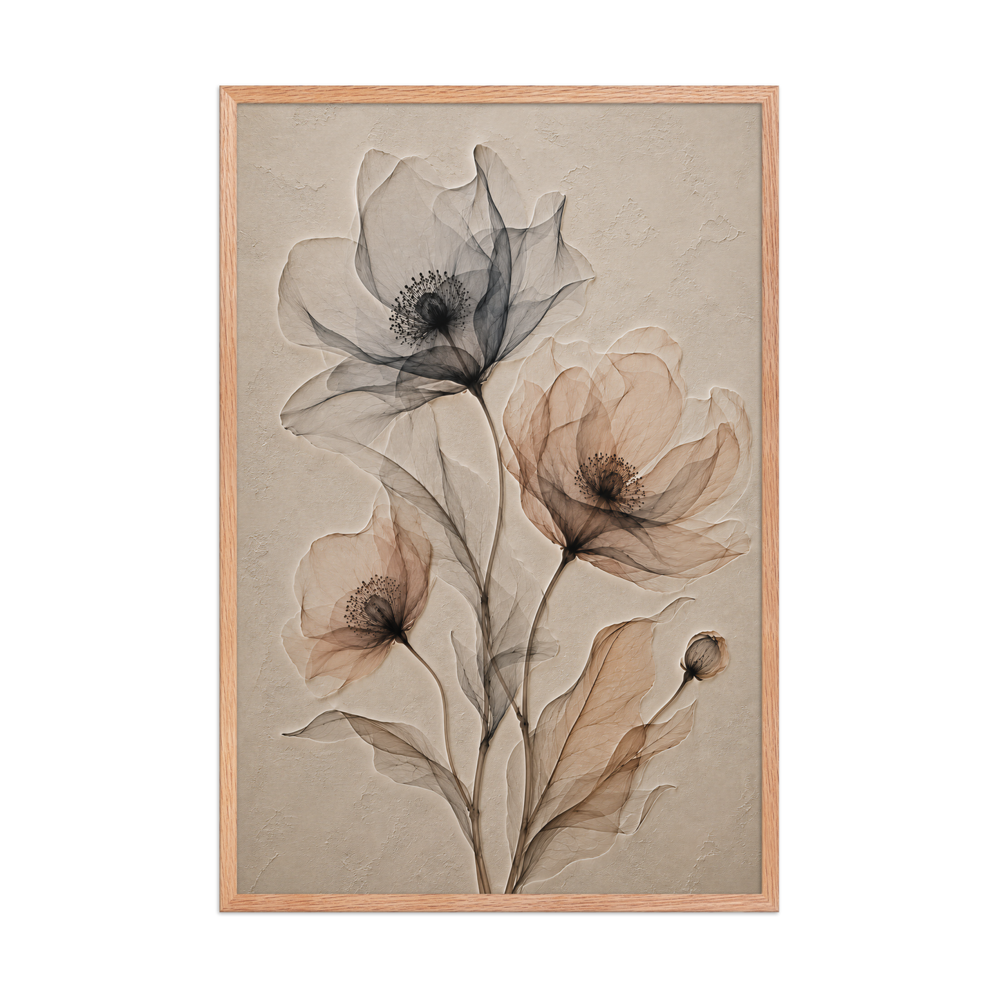 Framed wildflower trio print with embossed relief-look design in charcoal and clay tones on beige textured background