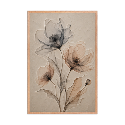 Framed wildflower trio print with embossed relief-look design in charcoal and clay tones on beige textured background