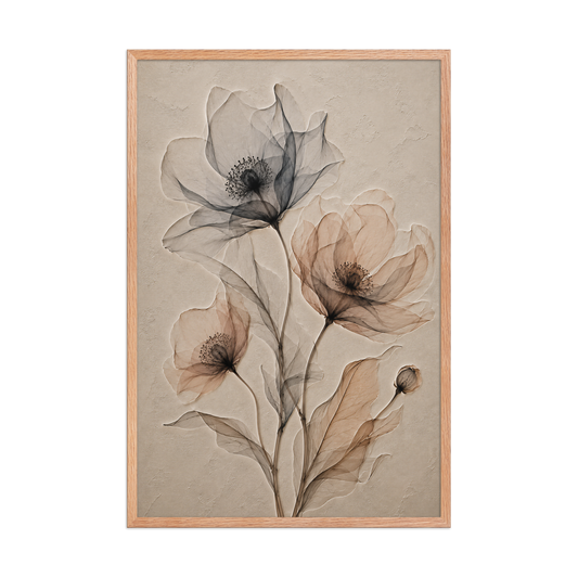 Framed wildflower trio print with embossed relief-look design in charcoal and clay tones on beige textured background