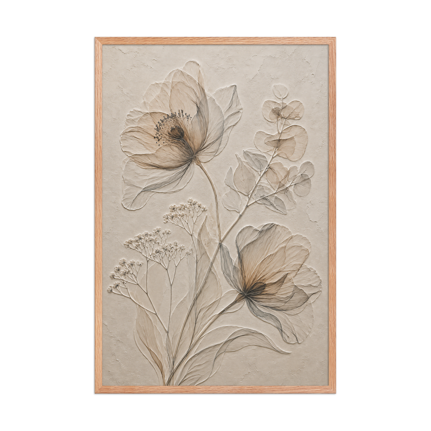 Framed botanical study print with embossed relief-look design in warm sepia tones on beige textured background