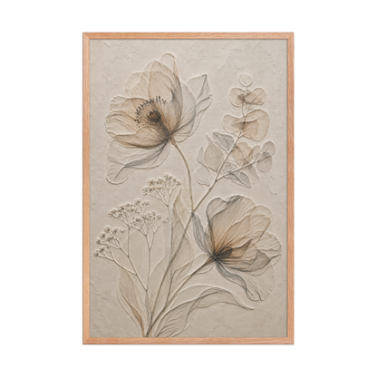 Framed botanical study print with embossed relief-look design in warm sepia tones on beige textured background