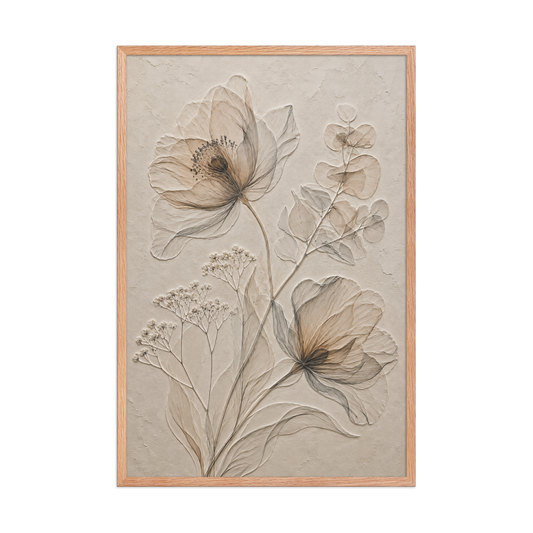 Framed botanical study print with embossed relief-look design in warm sepia tones on beige textured background