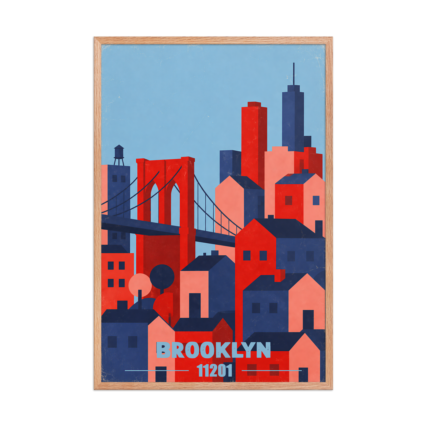 Framed Brooklyn Bridge retro travel poster, 11201 zip code wall art