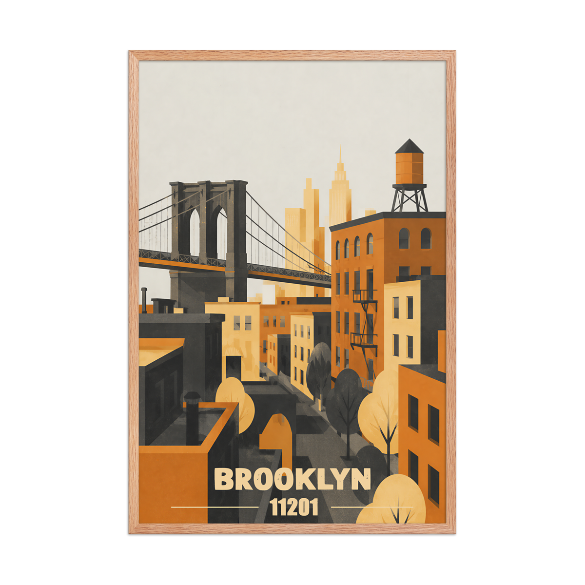 Framed Brooklyn fire escape retro travel poster, 11201 zip code wall art