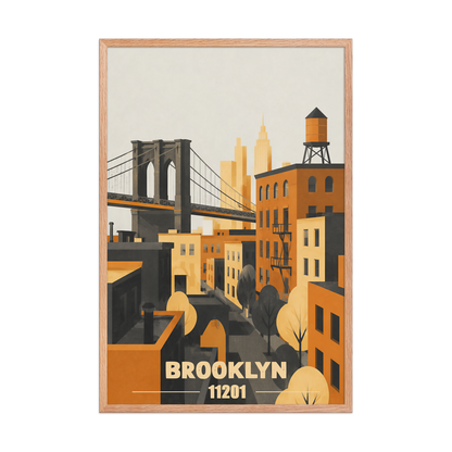Framed Brooklyn fire escape retro travel poster, 11201 zip code wall art