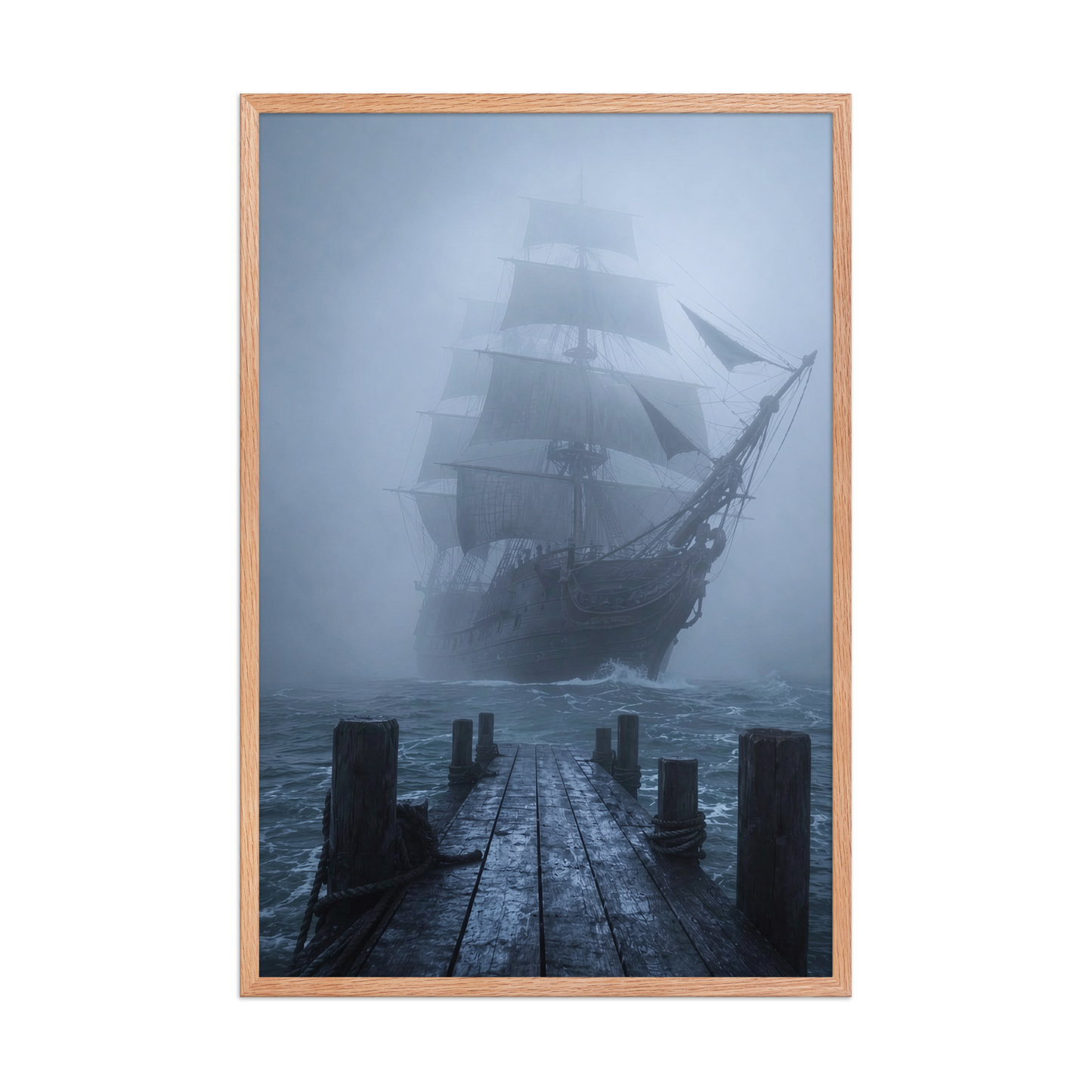 Ghost ship emerging from fog at dawn, dark moody framed wall art print ready to hang, JMTR Jeometry Store