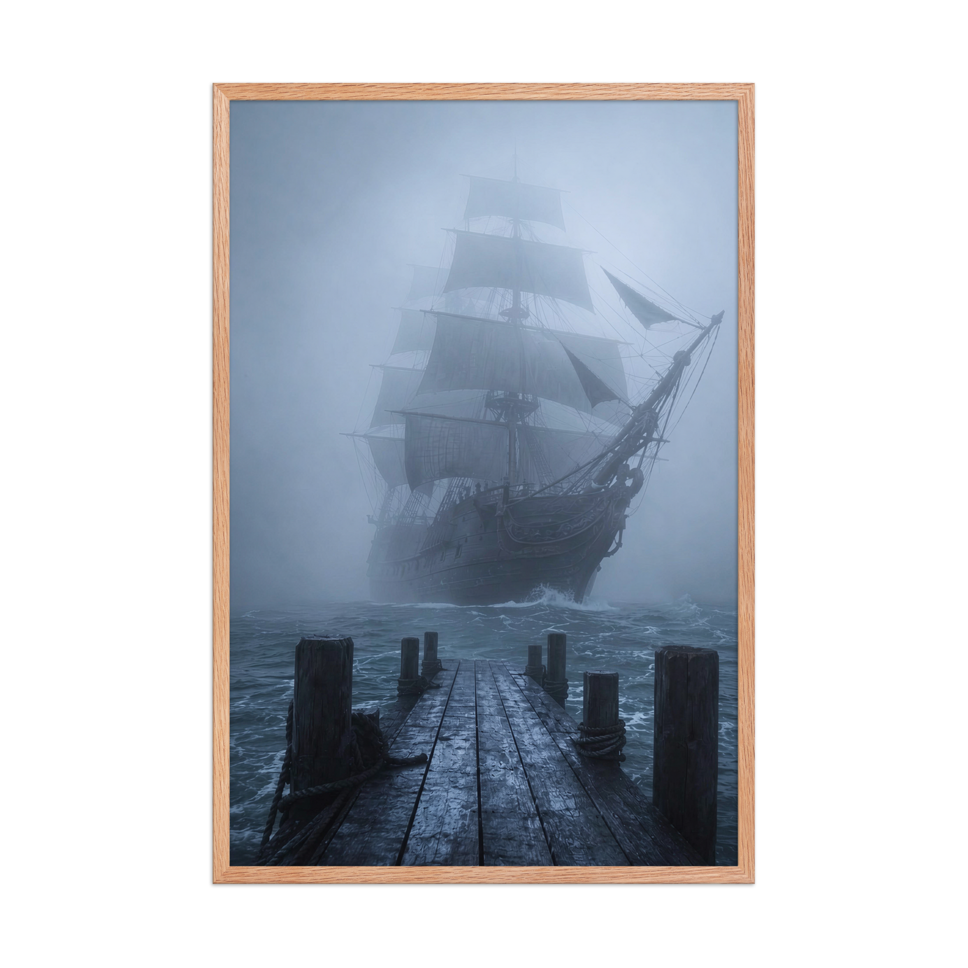 Ghost ship emerging from fog at dawn, dark moody framed wall art print ready to hang, JMTR Jeometry Store