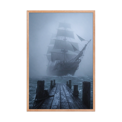 Ghost ship emerging from fog at dawn, dark moody framed wall art print ready to hang, JMTR Jeometry Store
