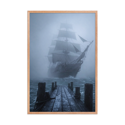 Ghost ship emerging from fog at dawn, dark moody framed wall art print ready to hang, JMTR Jeometry Store