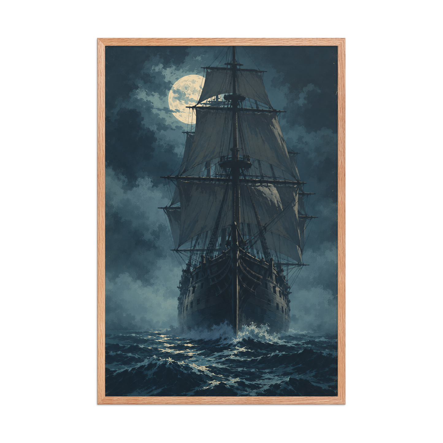 Tall ship sailing under full moon at night, vintage atmospheric nautical framed wall art print ready to hang, JMTR Jeometry Store